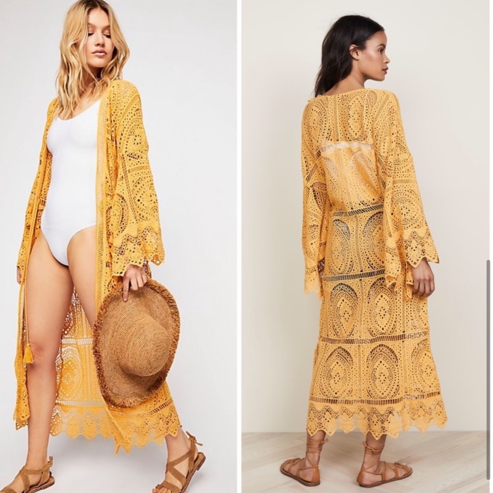 New Jen’s Pirate Booty yellow crochet kimono cover up